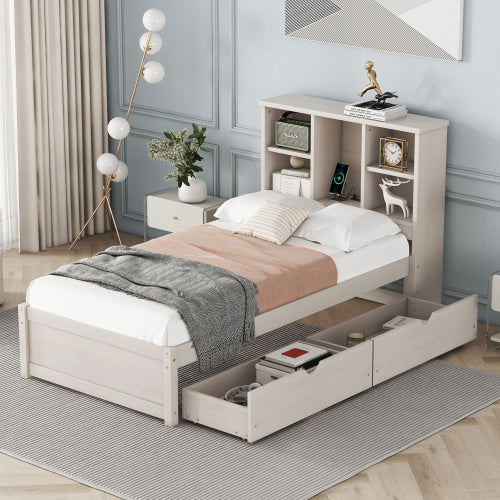 Modern Twin Size Bed Frame With Built-in USB Port On Bookcase Headboar