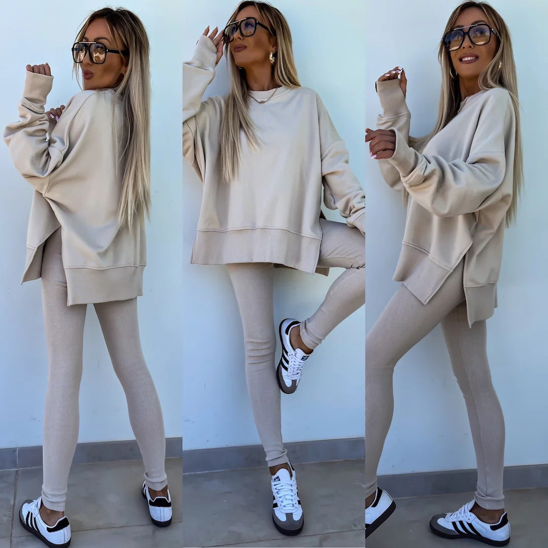 Sweater Suit Women's Casual Loose Long Sleeve Crew Neck Split Top Tight Trousers