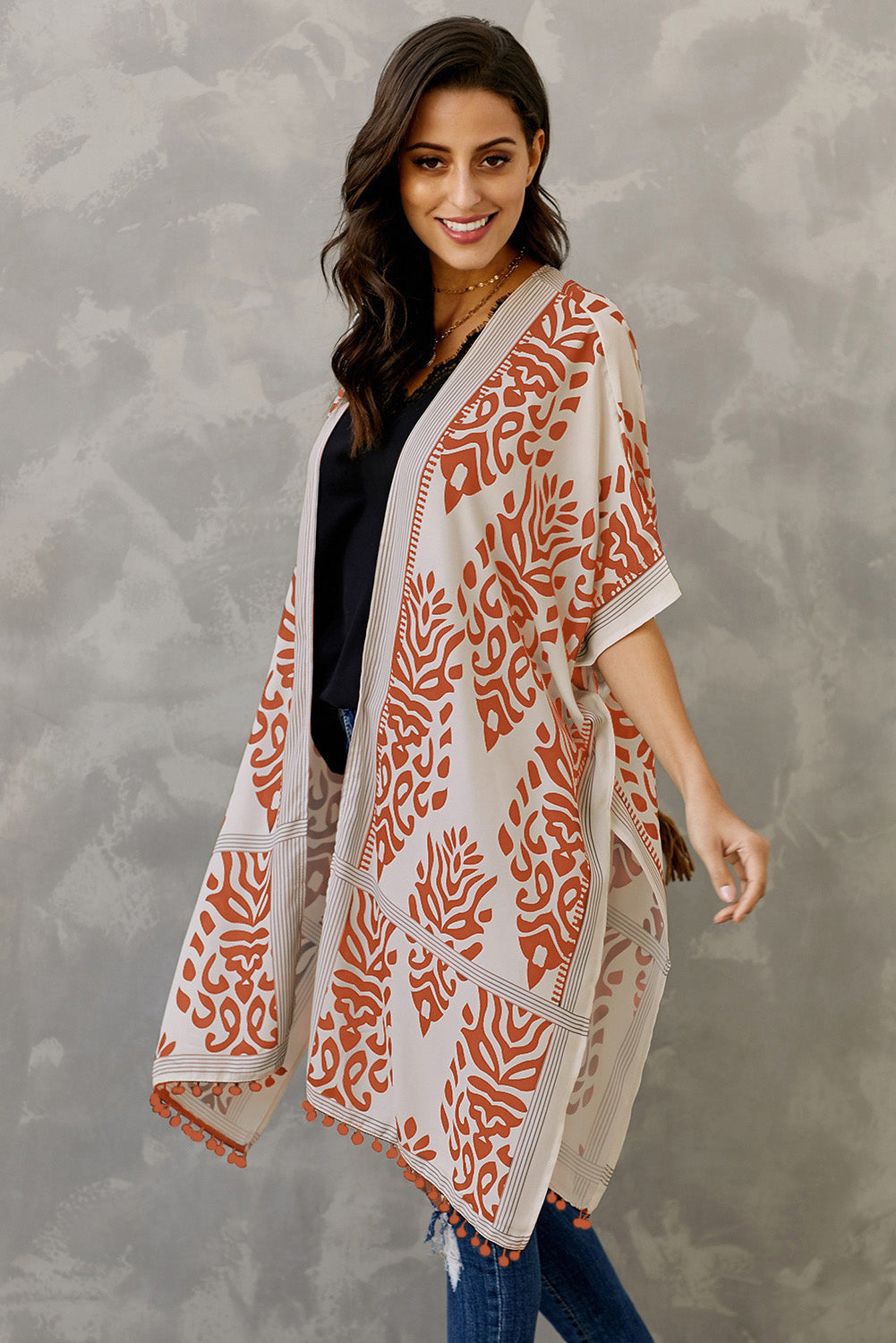 Bohemian Orange Prowess Pom Pom Kimono