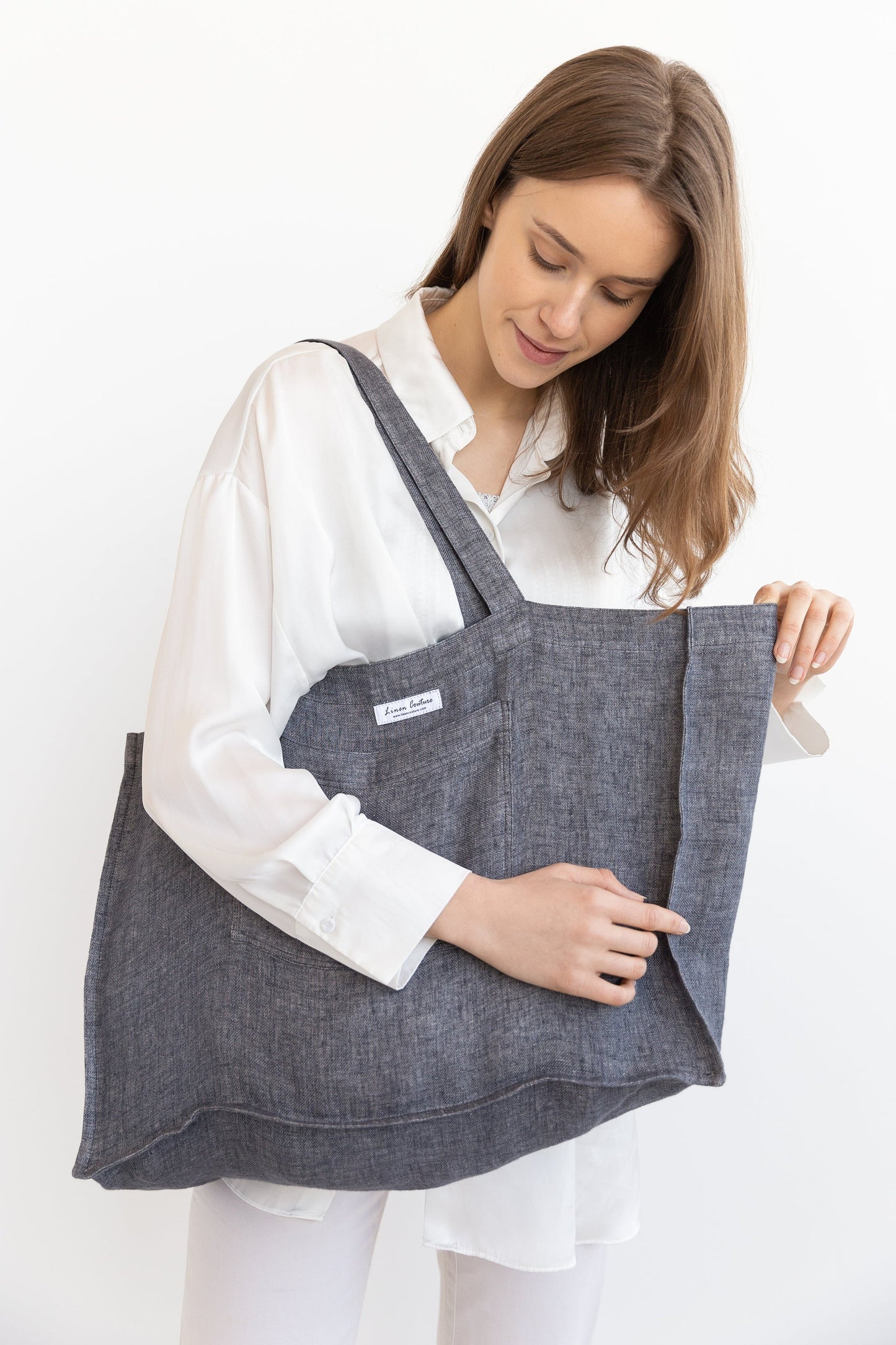 Grey linen beach bag