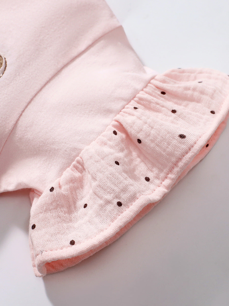 Summer Teddy Logo Short-sleeved Pink Dress with Dots Pattern for